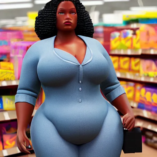 Image similar to high quality still of black bbw woman in wal-mart follow shot, 3d, in the style of pixar, comic book style, 3d, highly detailed, 16k resolution, octane renderer, coherent