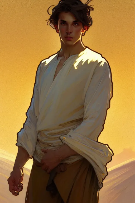 Prompt: full figure young man, luminous scene, by greg rutkowski and alphonse mucha, d & d character, gradient white to gold, in front of a dune desert background, highly detailed portrait, digital painting, artstation, concept art, smooth, sharp focus illustration, artstation hq