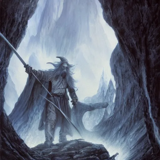 Prompt: gandalf with a sword in his hand on a bridge fighting an enormous balrog from hell, by alan lee, lord of the rings, smooth, detailed terrain, oil painting, matte painting, concept art, trending on artstation