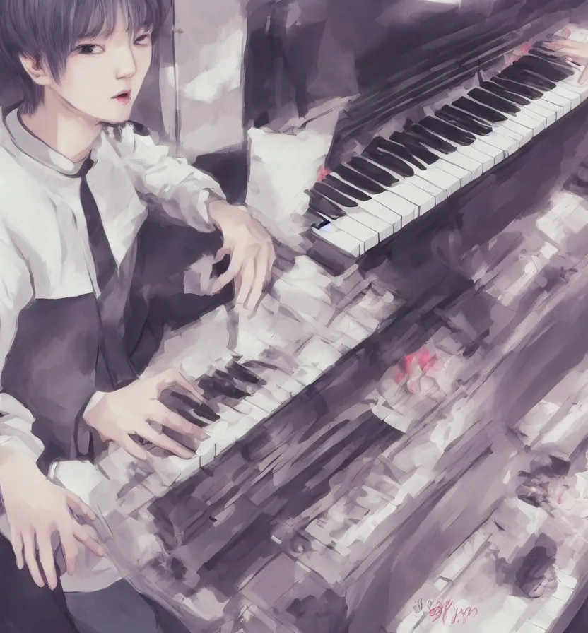 Image similar to YOONGI from bangtan sonyeondan: playing piano+ ROSSDRAWS+ CGSOCIETY+JAMES JEAN+WLOP