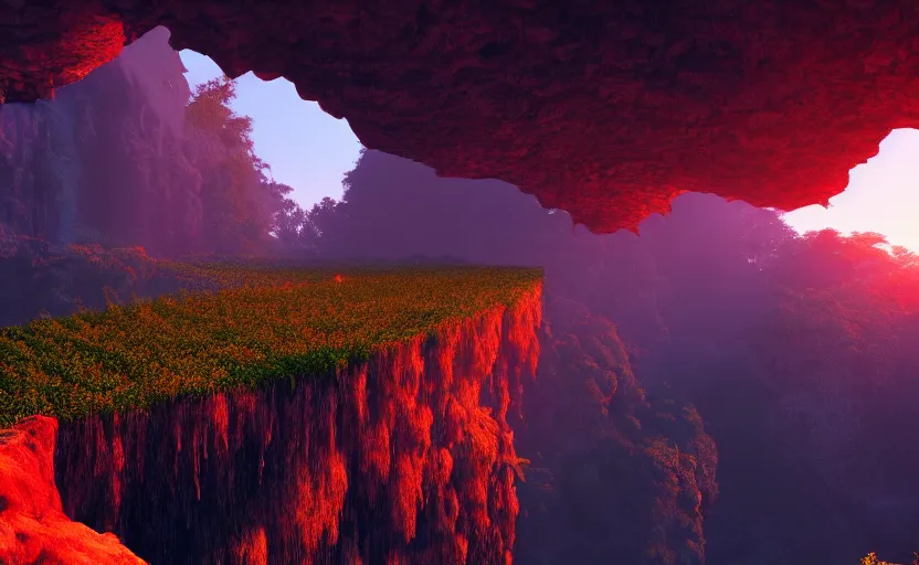 Prompt: a beautiful and stunning digital render of a humongous diamond cave, vines, haze, waterfall, volumetric lighting, hyperrealistic, red, green, blue sky, sunset, unreal engine 5, ultra detail, trending on artstation