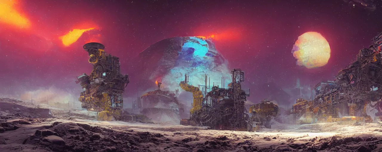 Image similar to outer planet covered with ice, steam shovel mining, art by paul lehr, cinematic, detailed, epic, widescreen, opening, establishing, matte painting, photorealistic, realistic textures, octane render