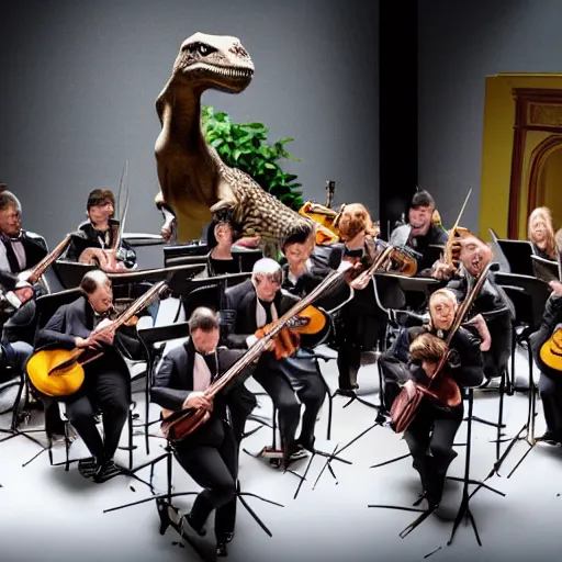 Prompt: dinosaurs playing in an orchestra