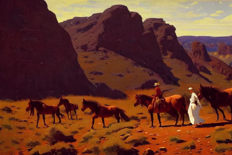 Prompt: scenic western mountain landscape with wild horses and a woman in a long white traditional dress, frederic remington, oil on canvas, beautifully lit, artstation