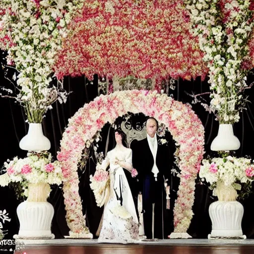 Prompt: A wide full shot, colored black and White Russian and Japanese mix historical fantasy a photograph portrait taken of inside a royal wedding floral covered aisle inspired by a enchanted ethereal forest, 1907 photo from the official wedding photographer for the royal wedding.