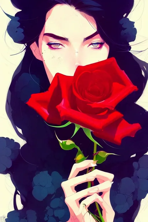 Image similar to a ultradetailed beautiful panting of a stylish woman holding a rose, by conrad roset, greg rutkowski and makoto shinkai, trending on artstation