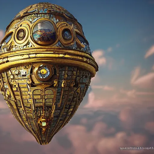 Prompt: enormous flying city in a faberge egg, sky, steampunk, fantasy art, masterpiece, unreal engine, intricate, intricate, intricate