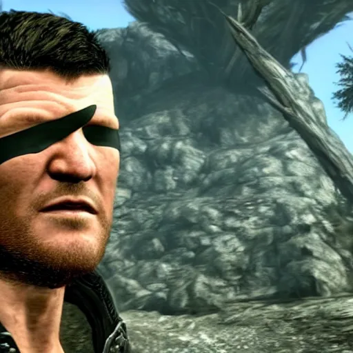 Prompt: character screenshot of ufc commentator michael bisping with a pirate eyepatch, npc talking, skyrim, wilderness, 1 0 8 0 p, bokeh, elder scrolls v, detailed, dialog text