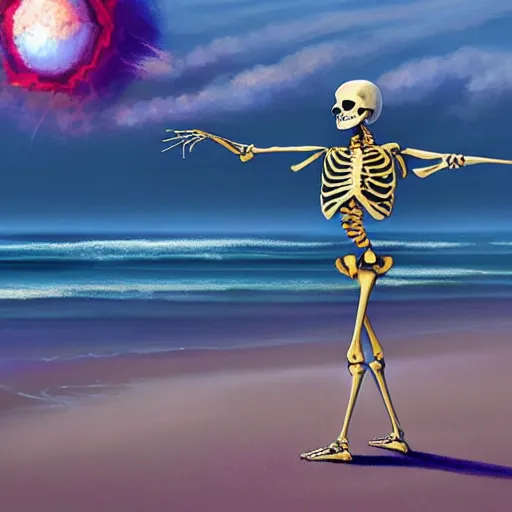 Prompt: (((Beautiful digital painting portrait))) of relaxed skeleton walking on the tropical beach!!! with nuclear bomb explosion in the background!!!, by James Gurney, high quality, trending on Artstation, realistic, tropical color scheme, anatomically correct skeleton, high coherence, blue sky