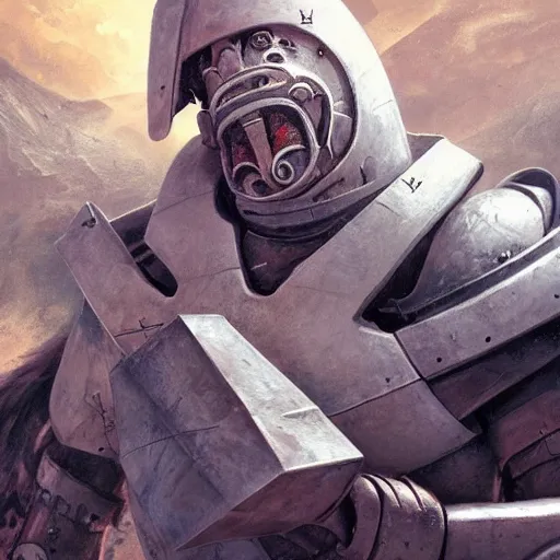 Prompt: majestic albino clone, visible face with sad expression, engineering diagram tattoos on forehead and rough features, angular steel aztec power armor, battlefield with strange coiled, spiral clouds, concept art by deak ferrand, greg rutkowski and carvaggio