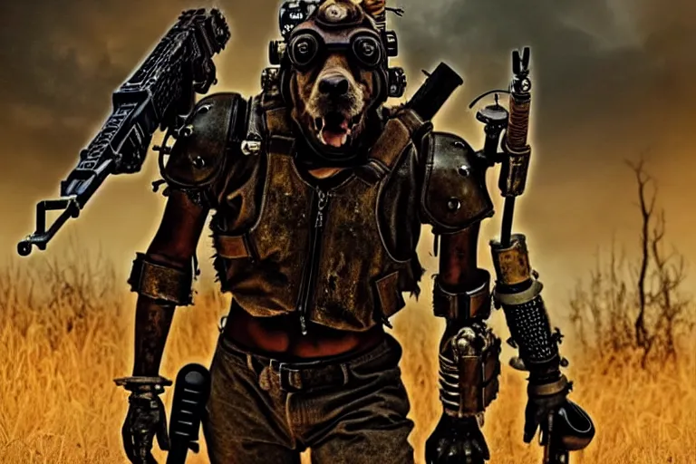 Image similar to a good ol'hound dog fursona ( from the furry fandom ), heavily armed and armored facing down armageddon in a dark and gritty version from the makers of mad max : fury road. witness me.