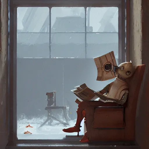 Prompt: robot reading the newspaper in his armchair in the background books near a window by Greg rutkowski, Trending artstation-n6