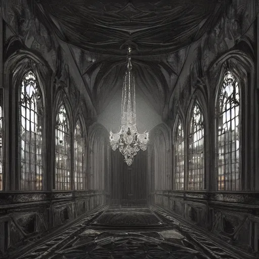 Image similar to large gothic hall with large chandelier under the ceiling, eyes over the windows, horror movie, moonlight, artstation, detailed, colorfull, futuristic