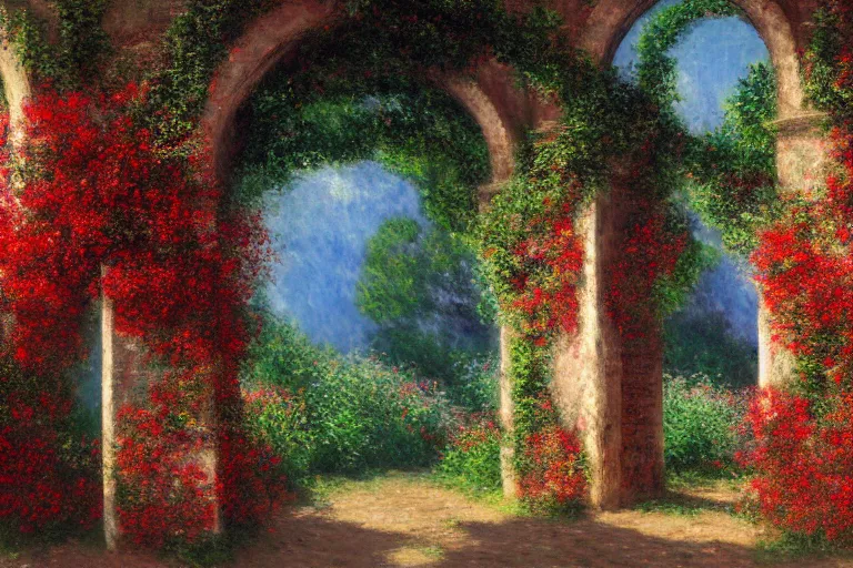 Prompt: broken arches leading to the pillars of eternity draped with red flowers and vines, blue sky, lens flare, a sense of mystery, cinematic, ultra detailed, intricate, sharp focus, trending on artstation, 8K, oil painting by Claude Monet