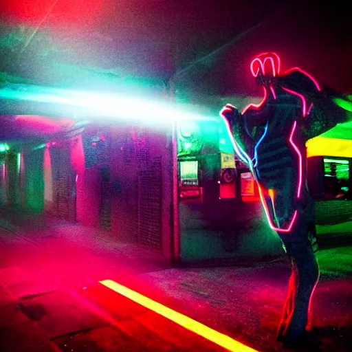 Image similar to a monster, neon lights, red, blue, green, dramatic lighting, heroic exposure, cool