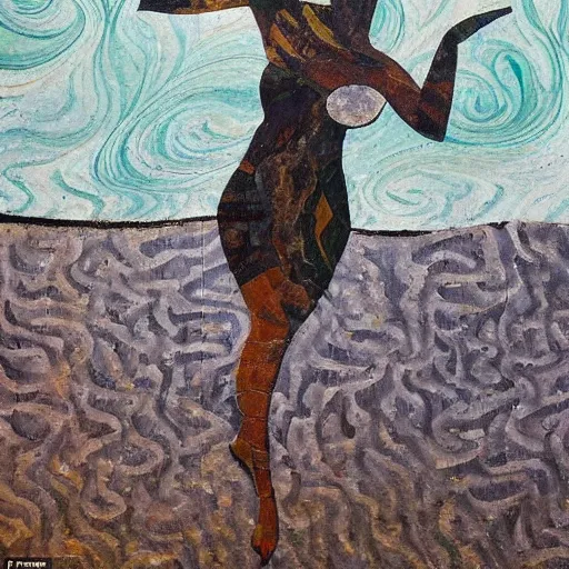 Prompt: the woman emerged from the ocean and danced by the river clothed in seaweed and tree bark , abstract art in the style of cubism and georgia o keefe ,