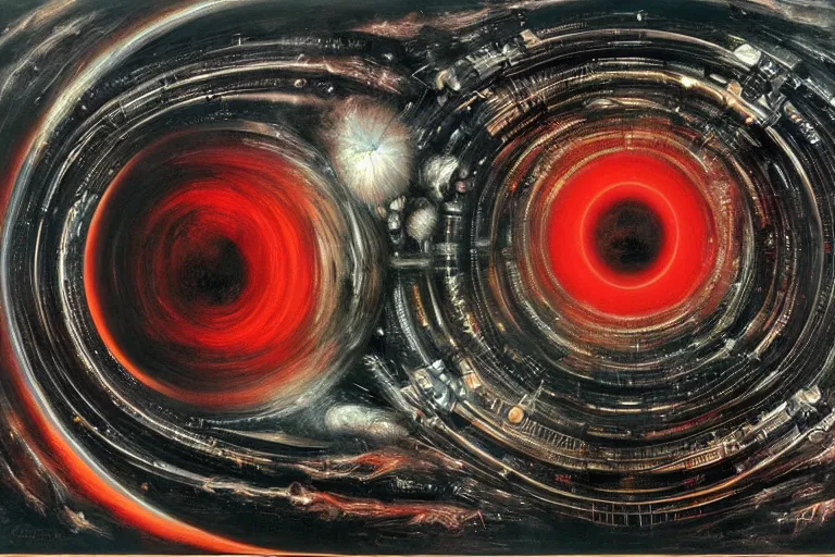 Image similar to painting by h. r. giger, infinite cosmos, blackhole sun, red matter, warp space, sharp focus, unimaginable composition, incredible depth