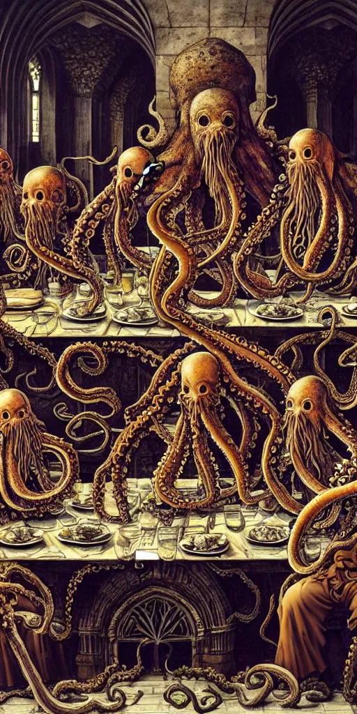 Image similar to group of mages with octopus heads sitting near the table in ancient mage castle with enormous scale, gothic and barocco, brutalist architecture, ultradetailed, Intricate by John Howe and Josan Gonzalez and James Jean and Giuseppe Arcimboldo