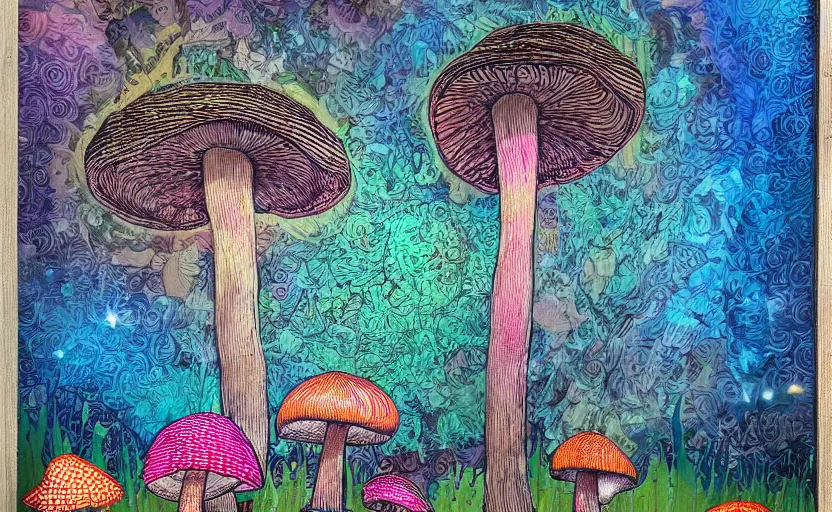 Image similar to one huge hyperdetailed elaborate mushroom, seen from the distance at night. in a wood made of paper and fabrics. 8 x 1 6 k hd mixed media 3 d collage in the style of a childrenbook illustration in pastel neon tones. shiny matte background no frame hd
