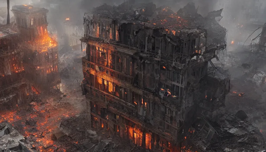 Prompt: A damaged building still standing in the middle of a destroyed city with lots of fire and ashes, hyperdetailed, artstation, cgsociety, 8k
