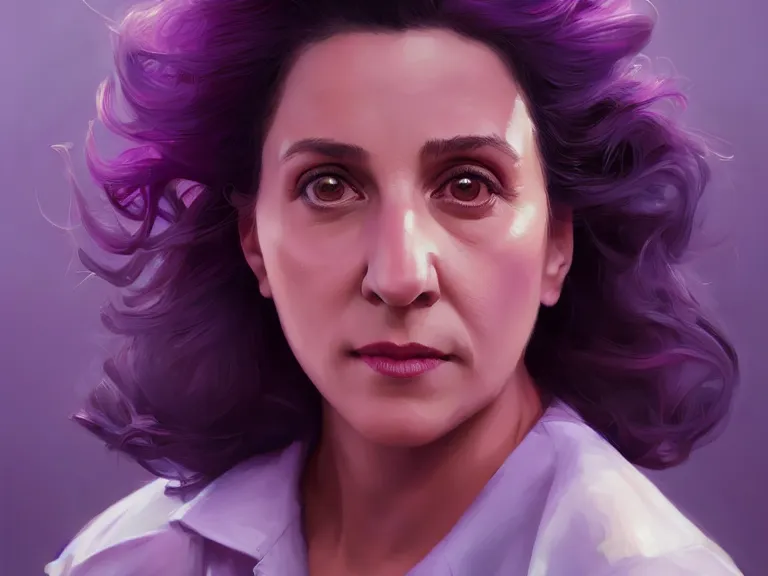 Prompt: portrait of elaine benes from seinfeld, rule of thirds, violet gradient, photorealistic facial features, league of legends splash art, by chengwei pan, huang guangjian, viktoria gavrilenko, artgerm, greg rutkowski, 8 k, octane, digital painting, artstation