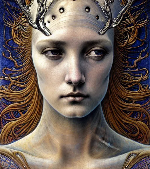 Image similar to detailed realistic beautiful young medieval queen of mars face portrait by jean delville, gustave dore and marco mazzoni, art nouveau, symbolist, visionary, gothic, pre - raphaelite. horizontal symmetry by zdzisław beksinski, iris van herpen, raymond swanland and alphonse mucha. highly detailed, hyper - real, beautiful