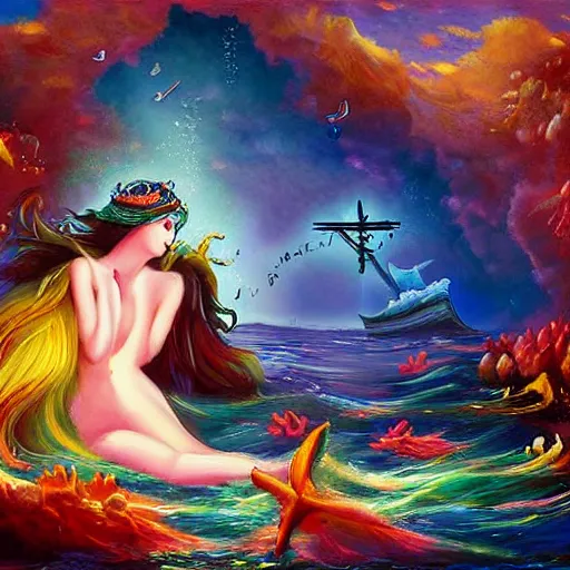 Prompt: musical sea goddess lulling pirates to sleep, beautiful composition, wide angle, colorful, cinematic, volumetric lighting, intricate details painting