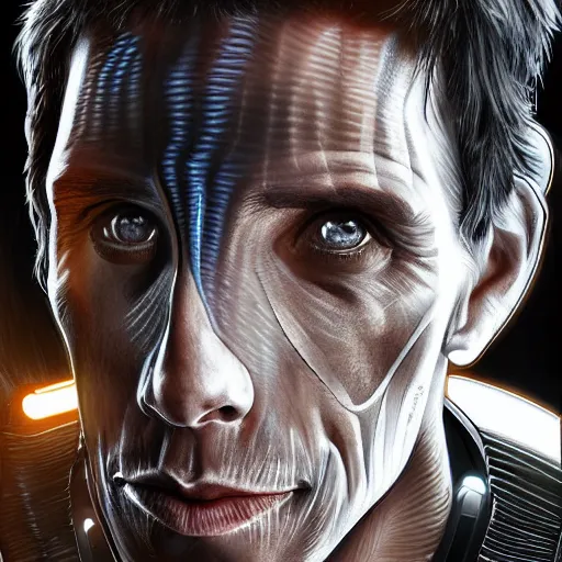 Prompt: ben stiller cyborg, symmetrical, highly detailed, futuristic, high resolution, trending on artstation