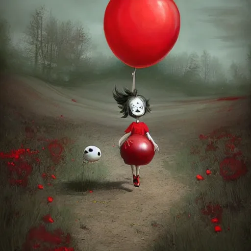 Image similar to grunge cartoon landscape painting of bilie eilish with a wide smile and a red balloon by - michal karcz, loony toons style, pennywise style, horror theme, detailed, elegant, intricate