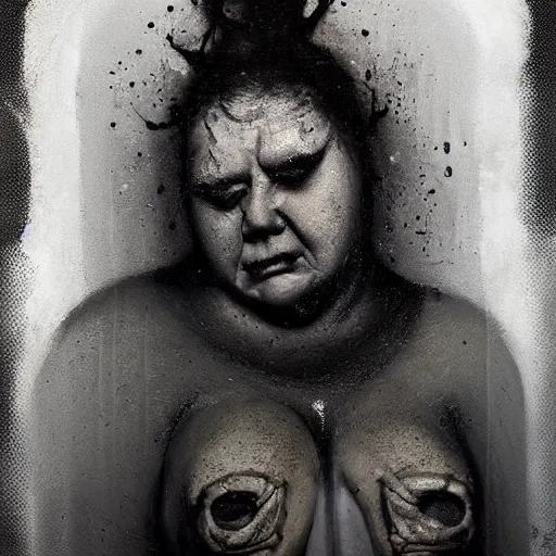 Image similar to portrait of the face of big fat old sumoringer as despair from sandman, venus of willendorf, by jeremy mann, by gregory crewdson, by bastien lecouffe deharme, by russ mills, sad face, topknot!!!, black hair, mourning, black eyes, white room, soft lightning, high detailed, 8 k