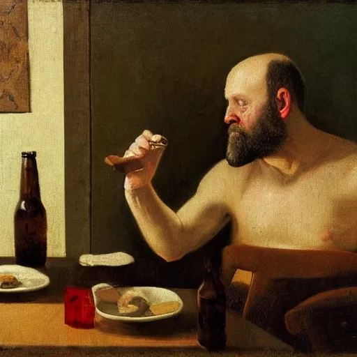 Image similar to a middle aged balding man with a full short beard in a tiny hotel room, depressed, stressed, extremely drunk and surrounded by empty beer cans. Renaissance oil painting.