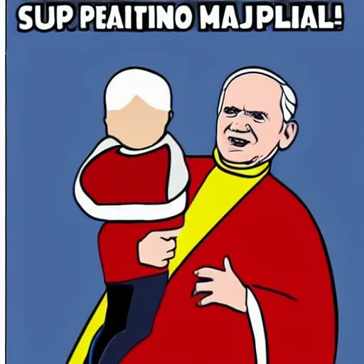 Prompt: john paul ii as a superhero holding kid, super realistic,