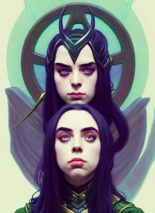 Image similar to Billie Eilish as Female Loki, very detailed, digital art, trending on artstation, concept art, smooth, illustration, art by artgerm and greg rutkowski and alphonse mucha and Edmund Blair Leighton and Katsuhiro Otomo and Geof Darrow and Phil hale and Ashley wood