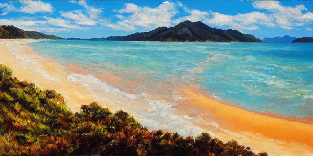 Image similar to golden bay new zealand, abel tasman, colorful oil painting, trending on artstation