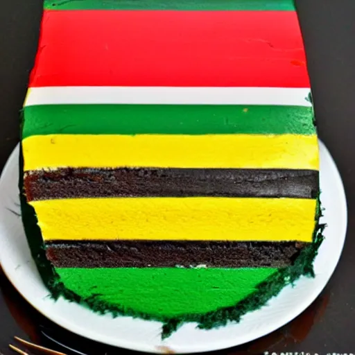 Prompt: slice of cake, the side of the cake is colored with the pattern of the south african flag, south african flag cake