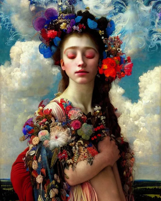 Image similar to a beautiful girl in the clouds wearing colourful face paint surrounded by colourful intricate patterns, by edgar maxence and caravaggio and michael whelan, intricate painting, hyper realistic, extremely detailed and beautiful aesthetic face, 8 k resolution