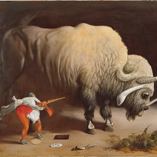 Image similar to A Buffalo with a unicorn horn emerging from its head, painting