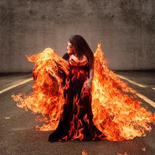 Image similar to “ a full - body fashion photograph of a hispanic fashionista wearing dresses made out of fire, high quality, high definition, ultra hq, highly detailed ”