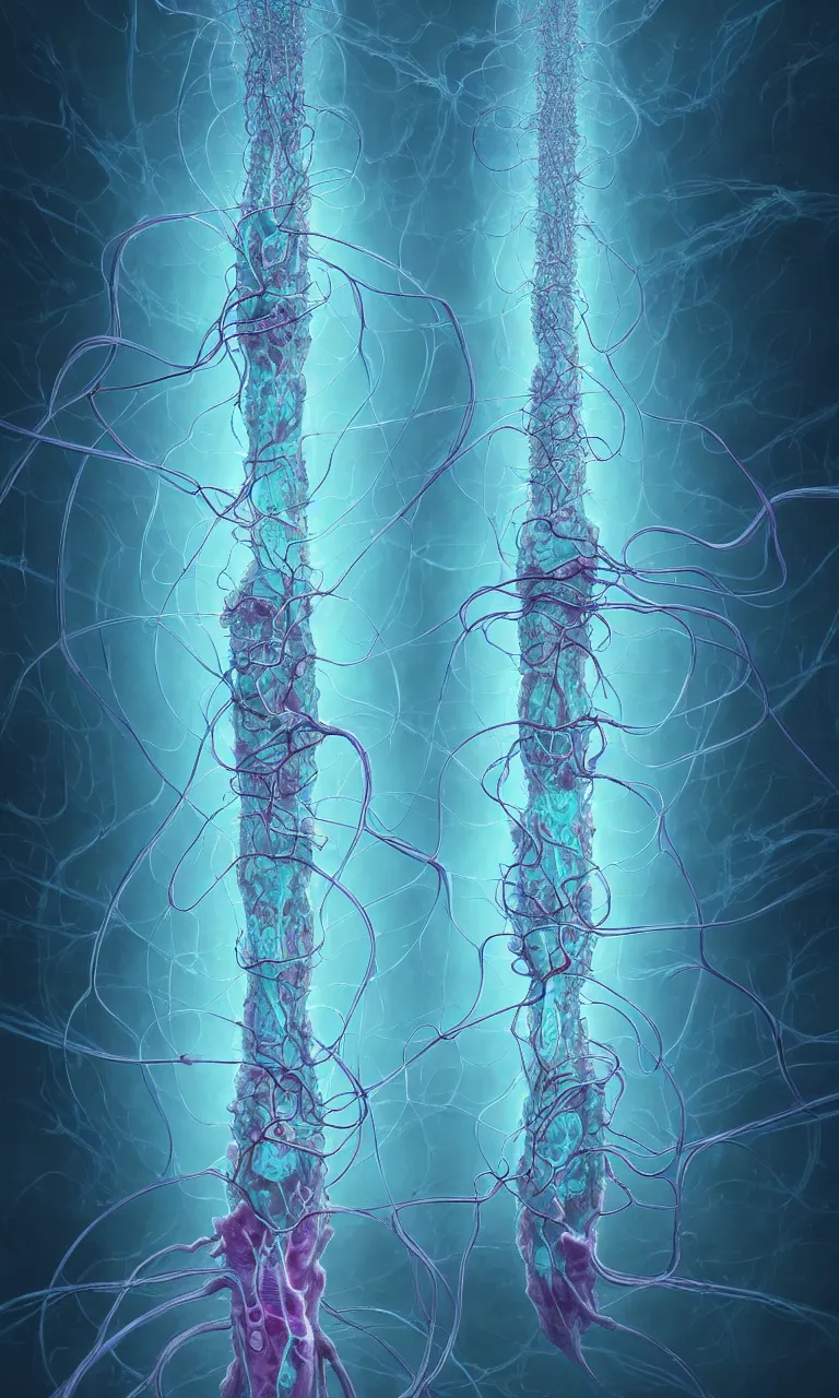 Image similar to internal lymphocyte virion rawandrendered synaptic fractality transmission embryonic umbilical child figure glial neurons cyberpunk nerve cells microscopic hyphae by wojtekfus facey rossdraws. neuronal iridescent megacity neuron synapse by beksinski. # imaginativerealism