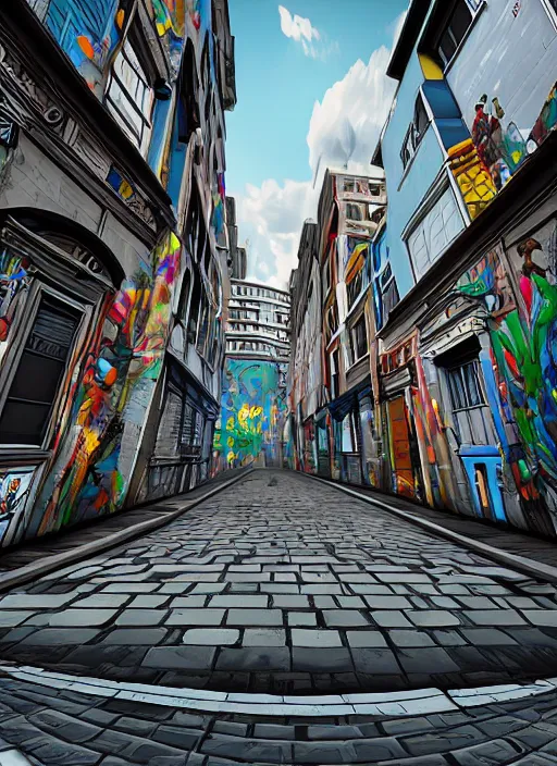 Image similar to modern street art ; unreal engine ; wide angle ; highly detailed