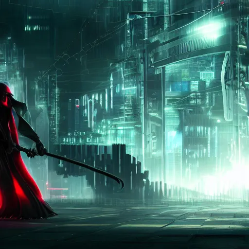 Image similar to photo of a grimm reaper with a large scythe in his hand walking in a futuristic city in a dystopian future made of electronic components and looks like a giant pcb board. Very detailed 8k. Unreal engine 5 render with nanite, global illumination and path tracing. Emphasize on the colors black and red.