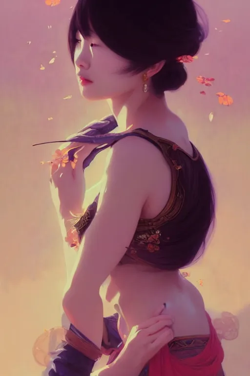 Image similar to a beautiful asian girl, fantasy, portrait, sharp focus, intricate, elegant, digital painting, artstation, matte, highly detailed, concept art, illustration, ambient lighting, art by ilya kuvshinov, artgerm, Alphonse mucha, and Greg Rutkowski