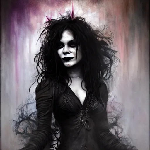 Image similar to beautiful portrait of vanessa hudgens as death from sandman, smiling, by cedric peyravernay, alphonse mucha, by jeremy mann, by lecouffe deharme, goth chic, soft lightning, eyeliner, punk rock, high detailed, 8 k