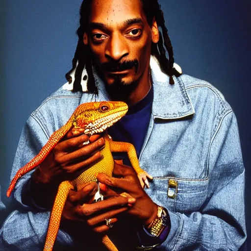 Image similar to Snoop Dogg holding his pet lizard for a 1990s sitcom tv show, Studio Photograph, portrait, C 12.0