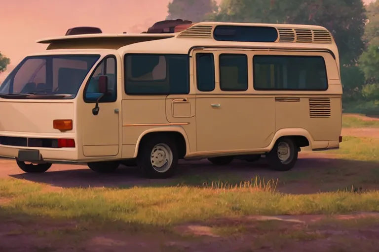 Image similar to a wholesome animation key shot of one!! focused 1 9 9 4 fiat hymer! motorhome! in the romanian! countryside, medium shot, studio ghibli, ( pixar ) and disney animation, sharp, very detailed, high resolution, rendered in unreal engine 5, anime key art by greg rutkowski, bloom, dramatic lighting