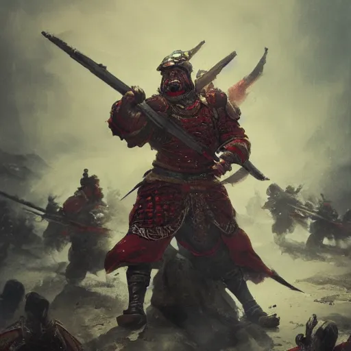 Image similar to guan yu fighting enemy soldiers, chinese military general, high detail, dramatic light, digital art, painted by seb mckinnon, painted by greg rutkowski, trending on artstation