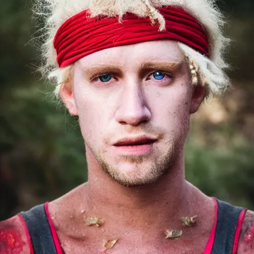 Prompt: outdoors photo portrait of an albino african pirate with a red headband and a vest, young adult, very thin blonde mustache clean shaven, afro blonde hair, stern face, rugged and dirty, cinematic lighting at sundawn in a shore, movie color grading