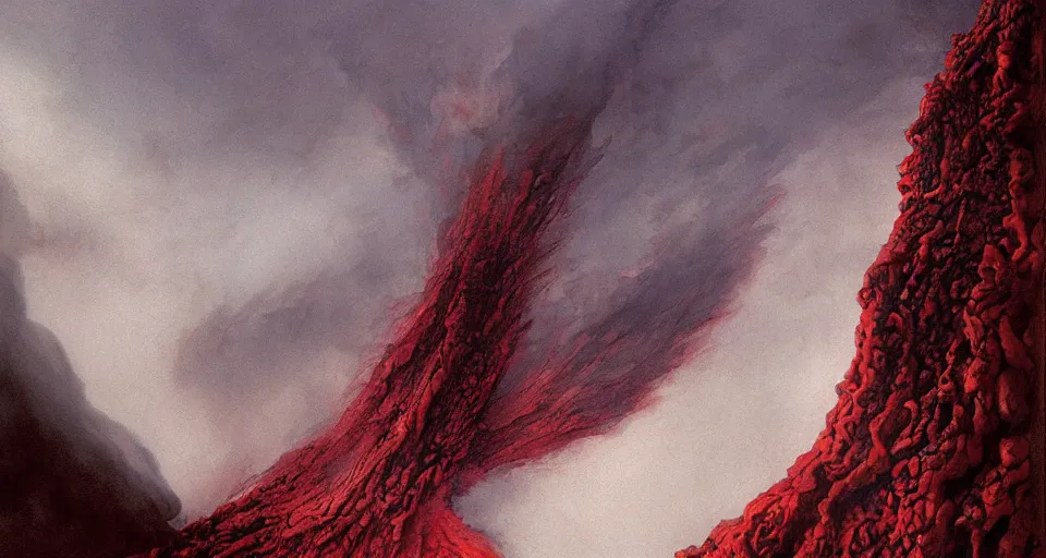 Prompt: a volcano made of ivory vines and crimson rocks enters in eruption, it spits a smoke in the shape of demonic eye, by john howe