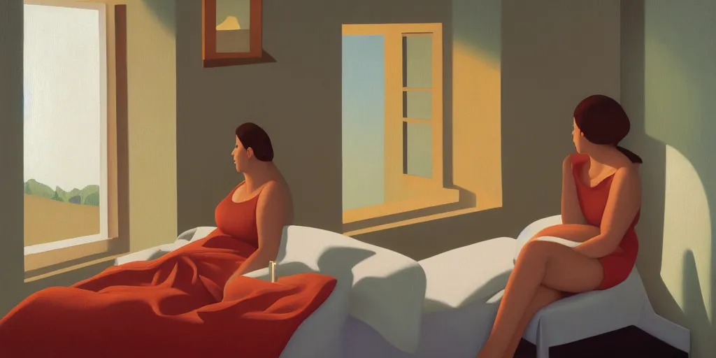 Prompt: sad girl on the bed, looking outside, summer evening, kenton nelson