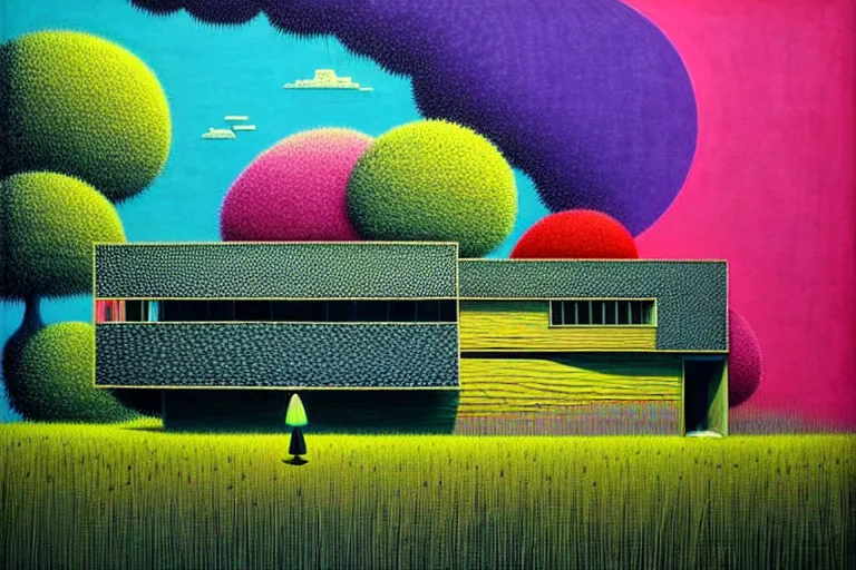 Image similar to surreal glimpse into other universe, house by kengo kuma, summer morning, very coherent and colorful high contrast, art by!!!! gediminas pranckevicius!!!!, geof darrow, floralpunk screen printing woodblock, dark shadows, hard lighting, stipple brush technique,